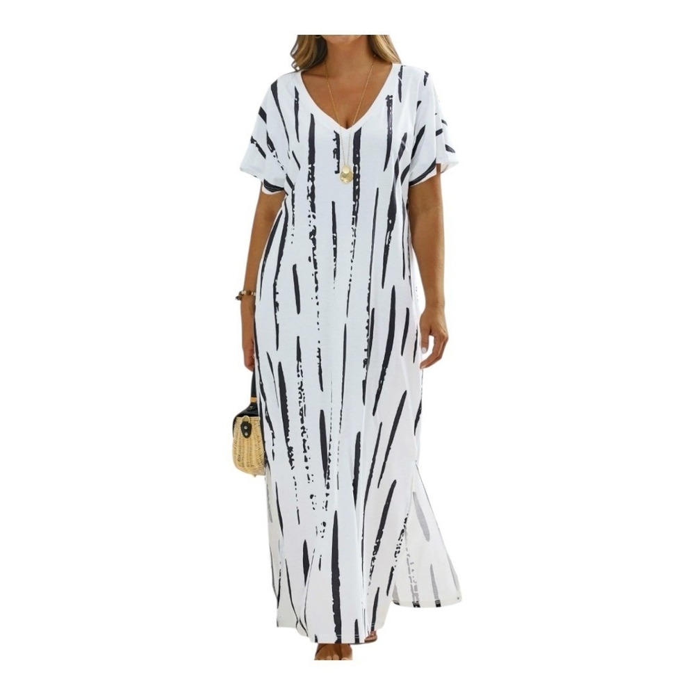 Noracora Abstract Stripe Maxi Dress Medium V-Neck Side Slit Black White NWT